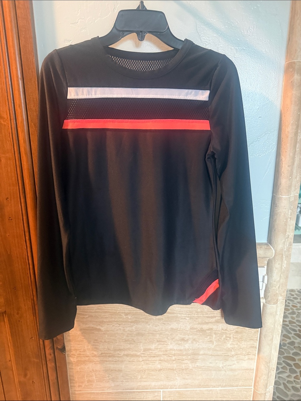 Black Long-Sleeve Performance Shirt with Red and White Trim